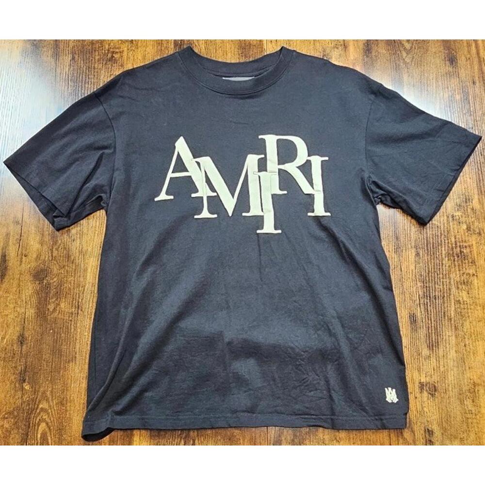 Amiri Staggered Logo Designer Black T-shirt Men's Size Medium Oversized Fit